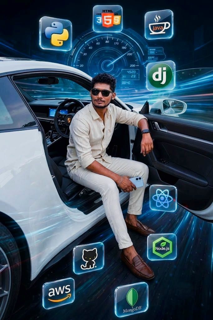 Rahman Sharif M sitting in a white Porsche 911 with a speedometer and floating tech skill icons